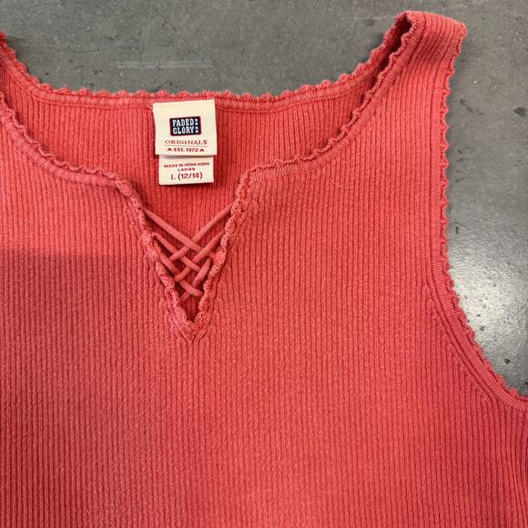 Vintage Y2K Faded Glory Ribbed Knit Salmon Pink Tank Top Criss Cross Front L - Picture 2 of 5